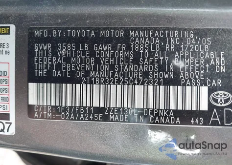 2005 Toyota Corolla Le из США, поврежденный, VIN 2T1BR32E25C472321